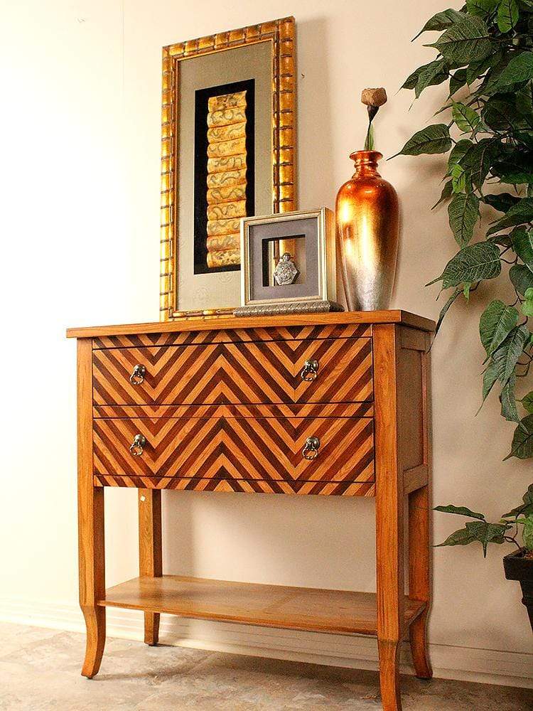 Tables Console Table with Storage - 32" X 13" X 33" Woodgran Chevron MDF, Wood Console Table with a Shelf and Drawers HomeRoots