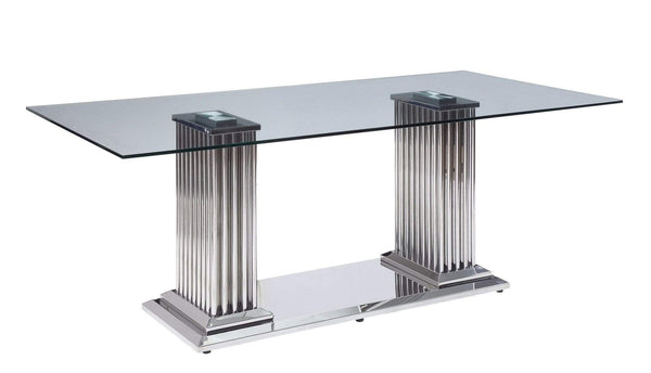 Tables Dining Room Table Sets - 39" X 79" X 30" Stainless Steel Clear Glass Mirror Dining Table w/Double Pedestal HomeRoots