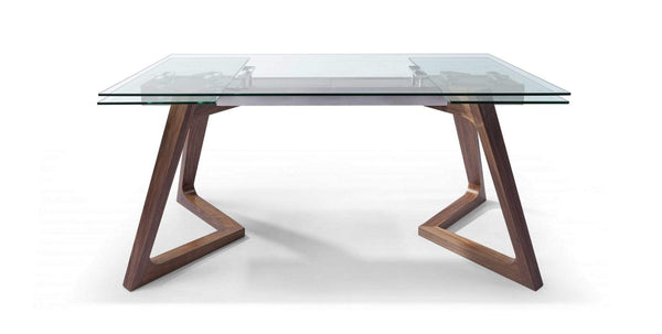 Tables Dining Room Tables - 63" X 35" X 30" Walnut Glass/Stainless Steel Extendable Dining Table HomeRoots