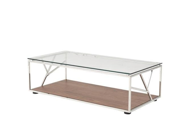 Tables Glass Coffee Table - 15" Walnut Veneer, Glass, and Steel Coffee Table HomeRoots