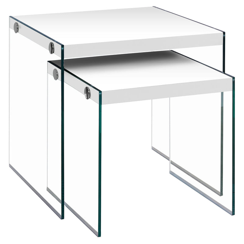 Tables Glass Table - 35.5" Glossy White Particle Board and Clear Glass Two Pieces Nesting Table Set HomeRoots