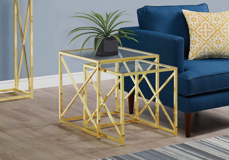 Tables Glass Table - 38" Gold Metal and Tempered Glass Two Pieces Nesting Table Set HomeRoots