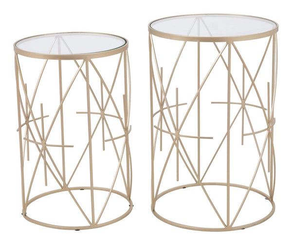 Tables Gold Side Table - 15" x 15" x 22.4" Clear & Gold, Tempered Glass & Steel, Side Table Set HomeRoots