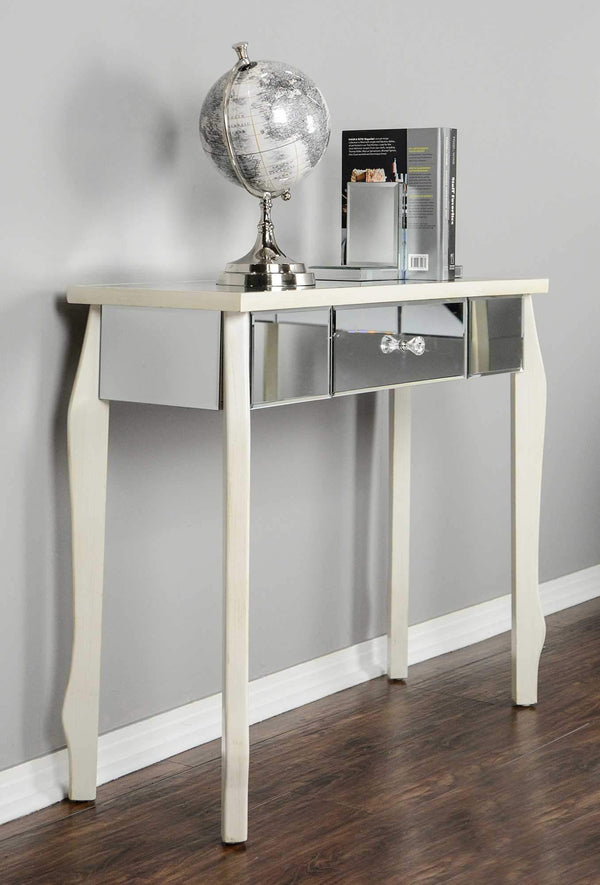 Tables Modern Console Table 35'.5" X 13" X 31" Antique White MDF, Wood, Mirrored Glass Console Table with Mirrored Glass Inserts and a Drawer 4700 HomeRoots