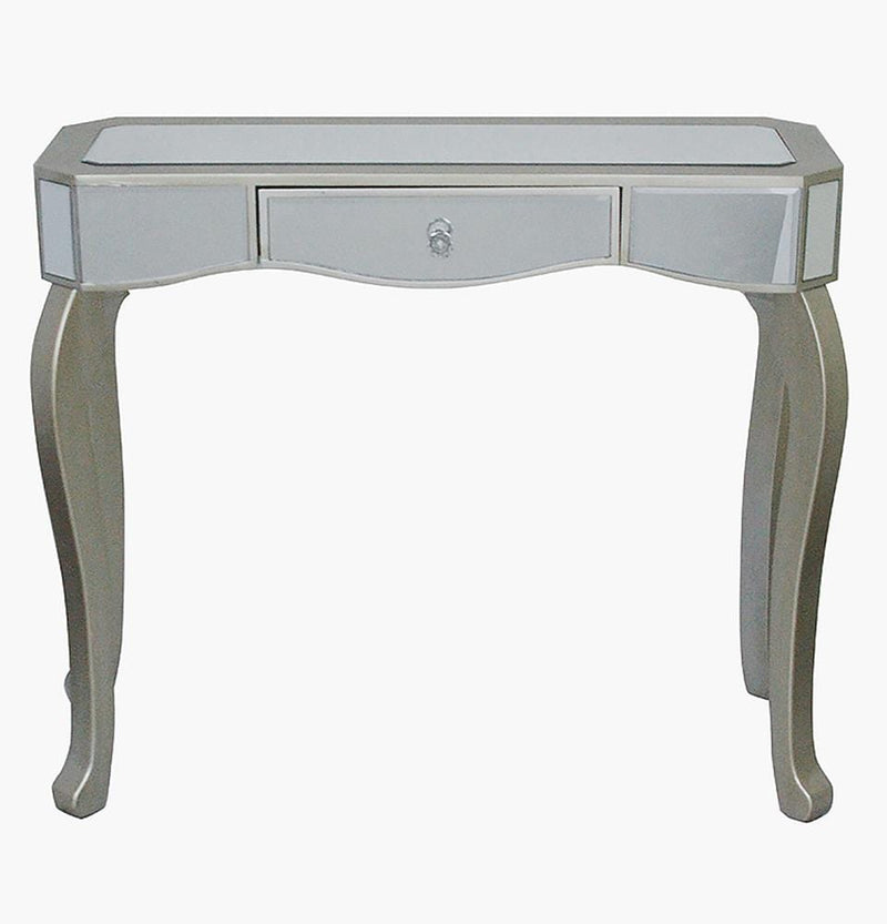 Tables Modern Console Table - 35'.5" X 13" X 31" Champagne MDF, Wood, Mirrored Glass Console Table with Mirrored Glass Inserts and a Drawer HomeRoots