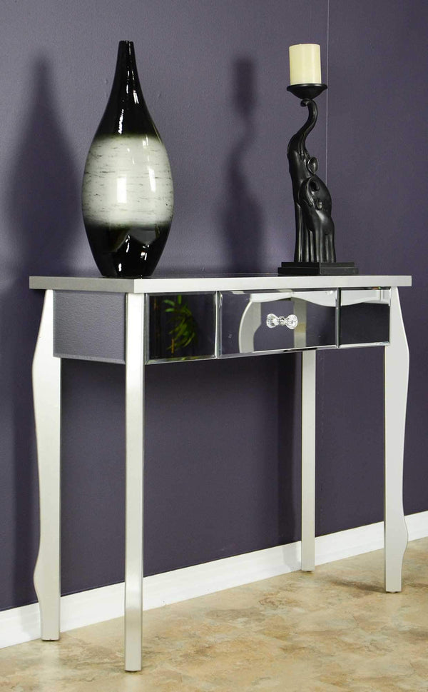 Tables Modern Console Table 35'.5" X 13" X 31" Silver MDF, Wood, Mirrored Glass Console Table with Mirrored Glass Inserts and a Drawer 4699 HomeRoots
