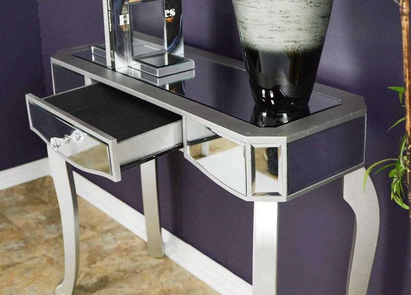 Tables Modern Console Table - 35'.5" X 13" X 31" Silver MDF, Wood, Mirrored Glass Console Table with Mirrored Glass Inserts and a Drawer HomeRoots