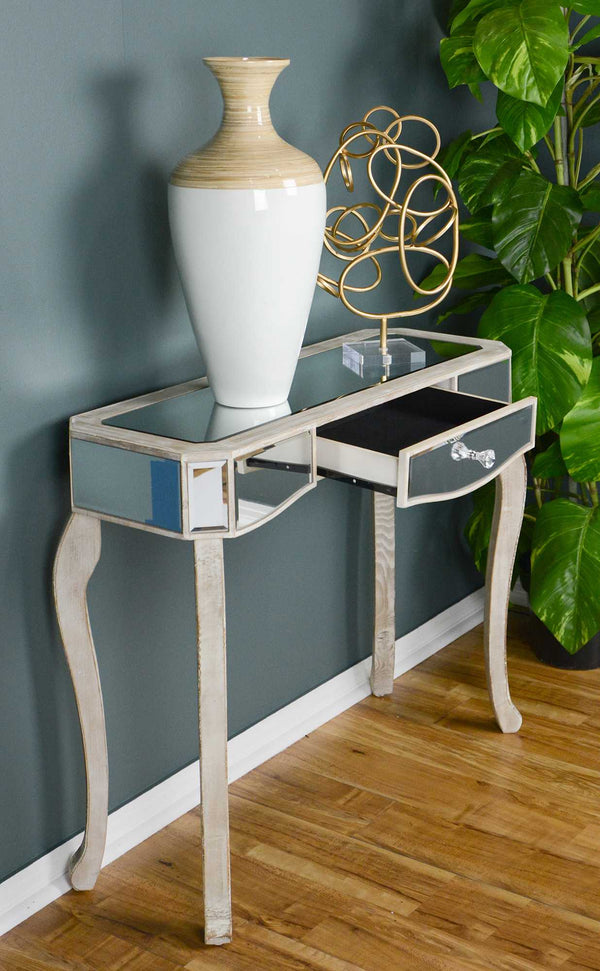 Tables Modern Console Table - 35'.5" X 13" X 31" White Washed MDF, Wood, Mirrored Glass Console Table with Mirrored Glass Inserts and a Drawer HomeRoots