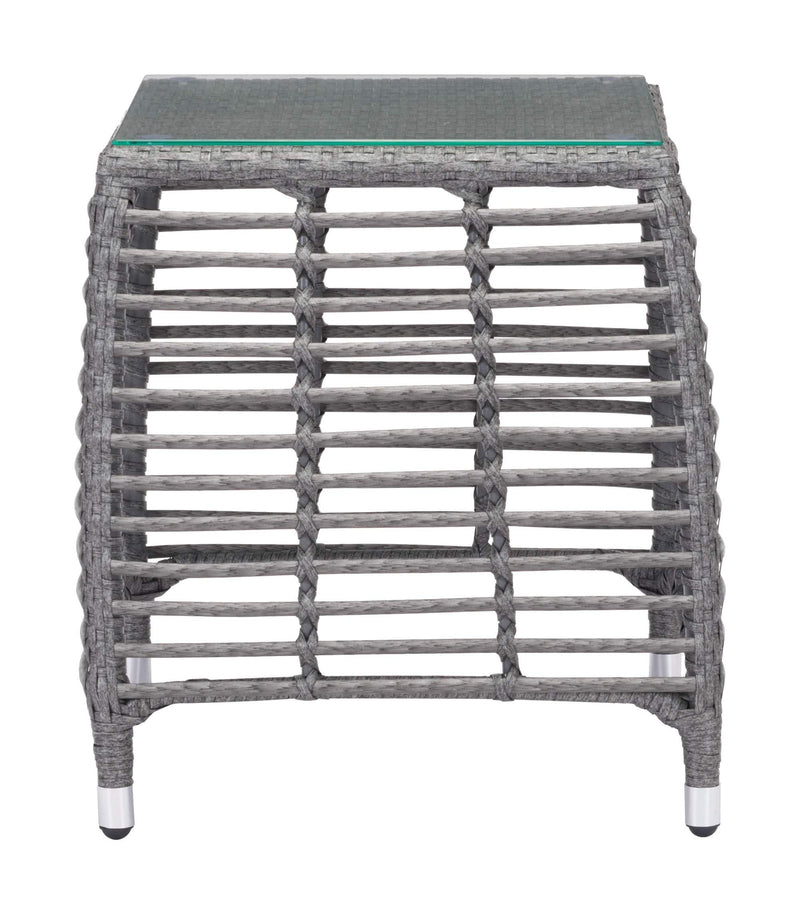 Tables Modern Side Table - 20" x 20" x 22" Gray & Beige, Tempered Glass, Aluminum Frame, Synthetic Weave, Beach Side Table HomeRoots