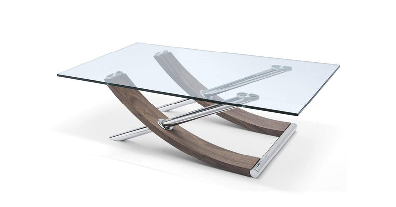 Tables Rustic Coffee Table - Coffee Table. 1/2" Clear Tempered Glass Top, Natural Walnut Veneer. Chrome Legs HomeRoots