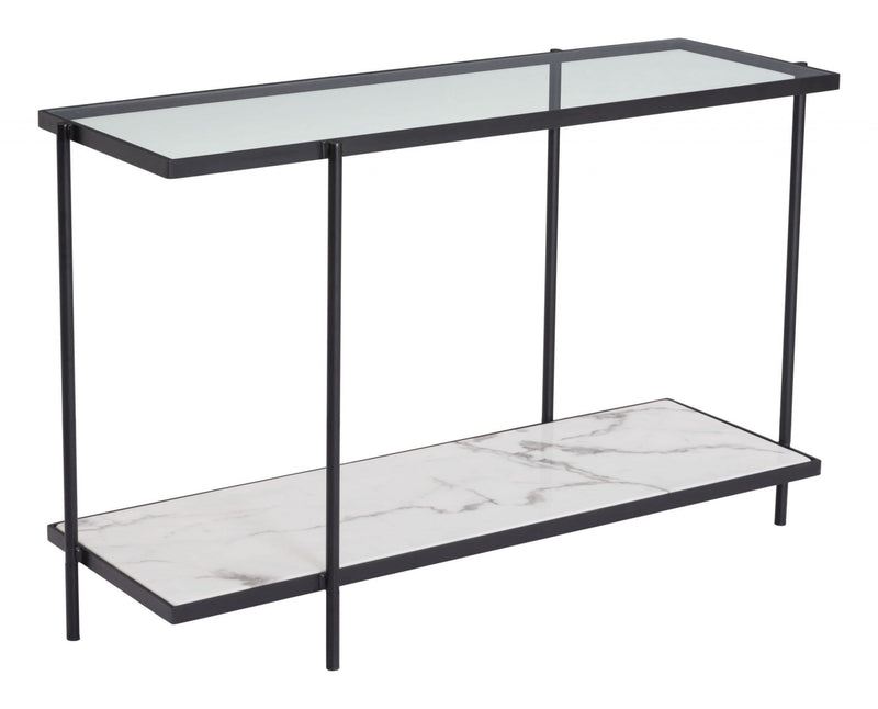 Tables Rustic Console Table - 46.1" x 15" x 29.9" Clear, White & Matte Black, Tempered Glass, Marble, Steel, Console Table HomeRoots