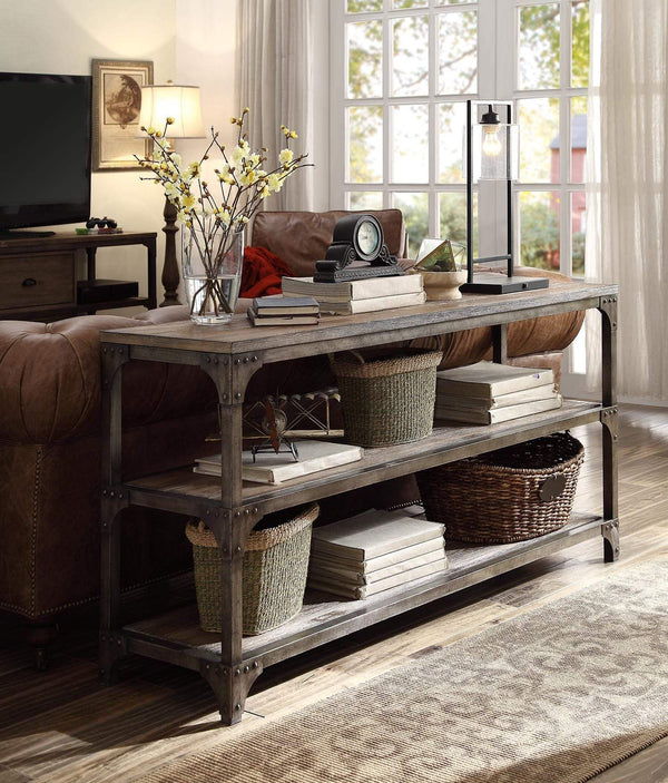 Tables Rustic Console Table - 60" X 16" X 30" Weathered Oak And Antique Silver Console Table HomeRoots