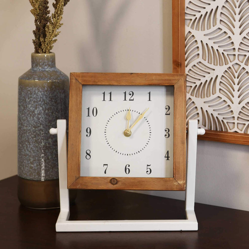 Tables Table Decorations - 10.75" X 3.5" X 10.5" Walnut White Wood Metal Mdf Glass Paper Tabletop Clock HomeRoots