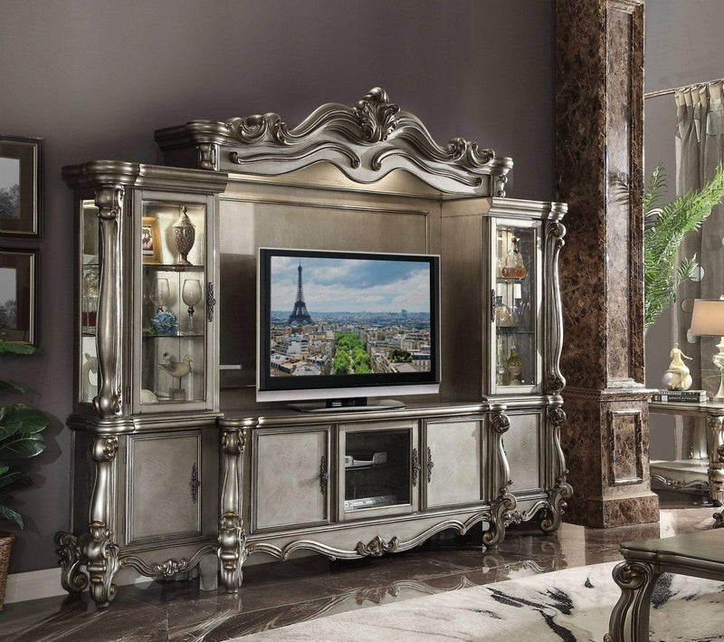 Tables TV Console Table - 21" X 74" X 31" Antique Platinum Wood Poly Resin Glass TV Console HomeRoots