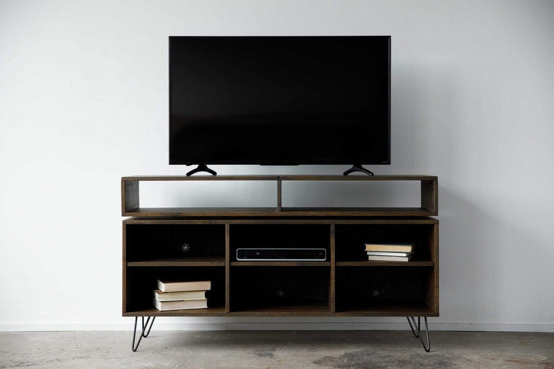 Tables TV Console Table - 60" X 16" X 33.'75" Charcoal Maple And Steel TV Console HomeRoots