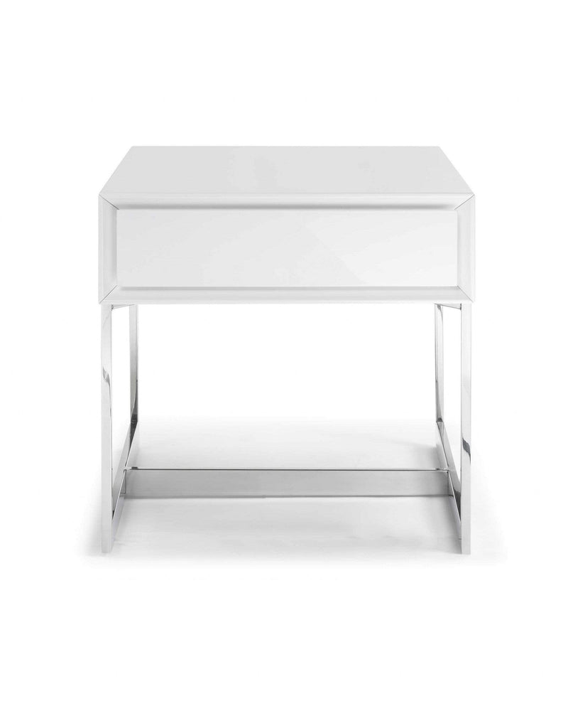 Tables White Side Table - Side Table High Gloss White One Drawer Polished Stainless Steel Legs HomeRoots