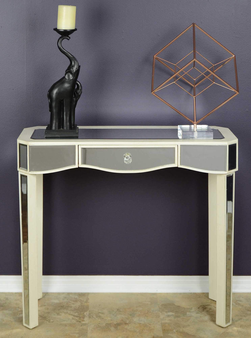 Tables Wood Console Table 35'.5" X 13" X 31" Antique White MDF, Wood, Mirrored Glass Console Table with a Mirrored Glass Top and a Drawer 4690 HomeRoots