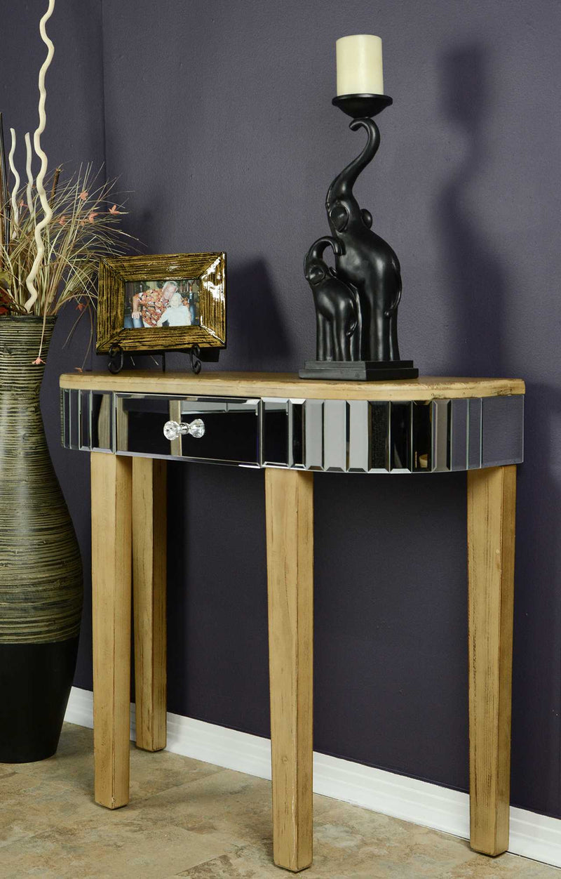 Tables Wood Console Table - 35'.5" X 13" X 31" Distressed Brown MDF, Wood, Mirrored Glass Console Table with a Mirrored Glass Top and a Drawer HomeRoots