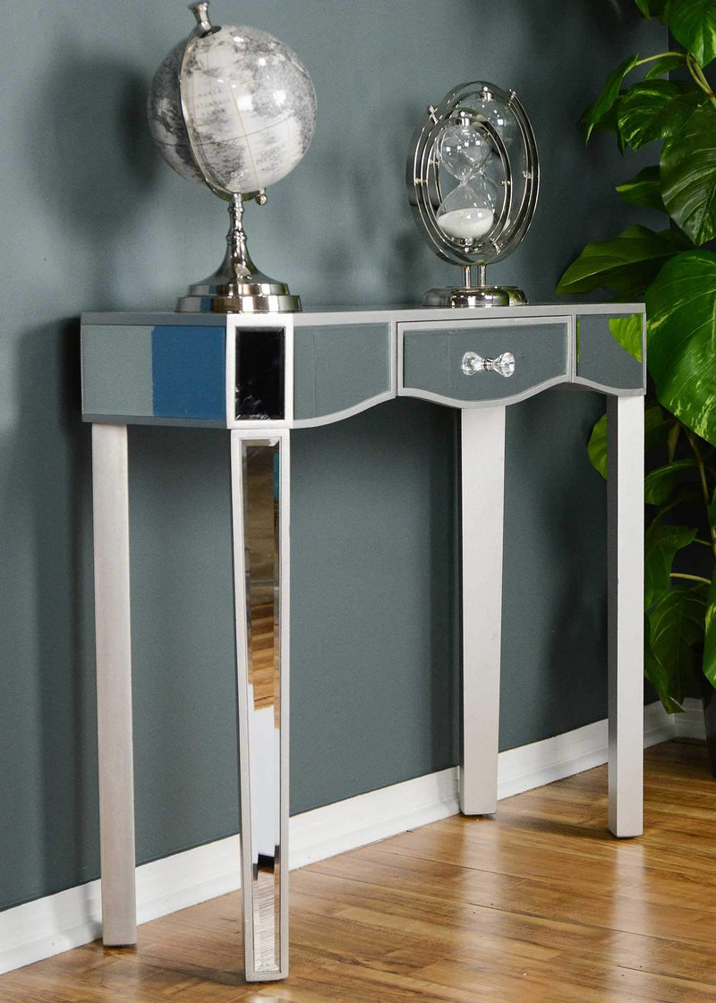 Tables Wood Console Table - 35'.5" X 13" X 31" Silver MDF, Wood, Mirrored Glass Console Table with a Mirrored Glass Top and a Drawer HomeRoots