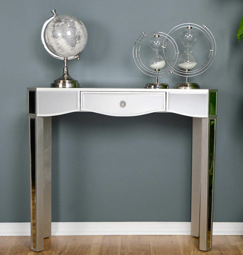 Tables Wood Console Table - 35'.5" X 13" X 31" Silver MDF, Wood, Mirrored Glass Console Table with a Mirrored Glass Top and a Drawer HomeRoots