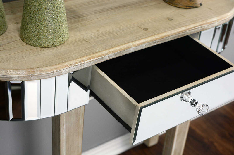 Tables Wood Console Table - 35'.5" X 13" X 31" White Washed MDF, Wood, Mirrored Glass Console Table with a Mirrored Glass Top and a Drawer HomeRoots