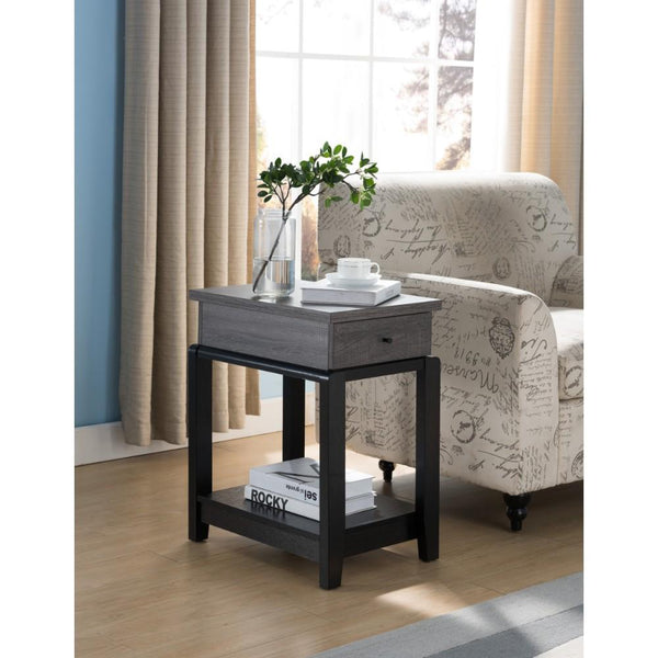 Wooden Chairside Table With Bottom Shelf, Distressed Gray And Black