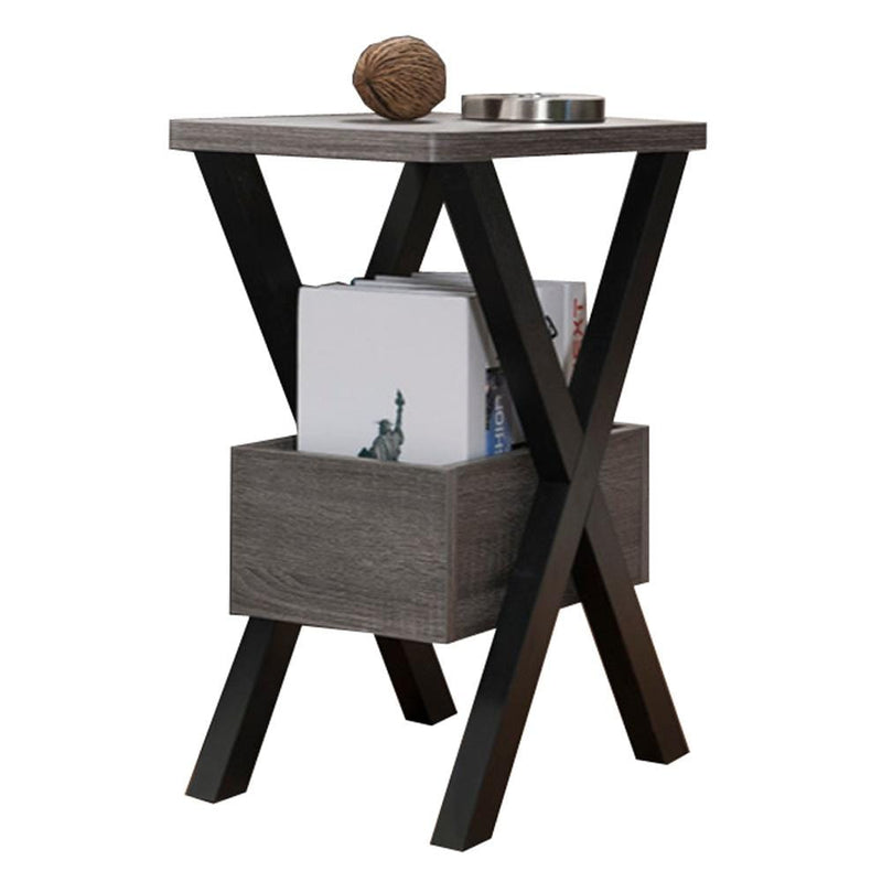 Wooden Chairside Table With Bottom Storage, Distressed Gray And Black