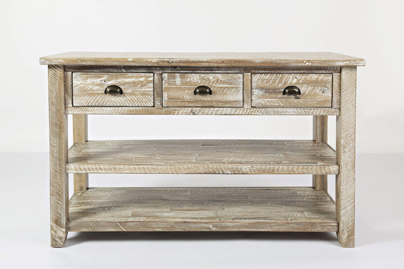 Wooden Sofa Table With Three Drawers And Two Open Shelves , Washed Gray