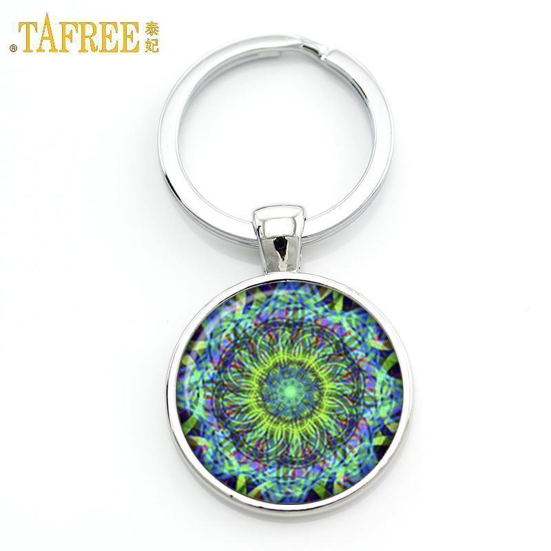 TAFREE Key chain Mandala Art Picture Glass Cabochon pendant Keychains Sacred Geometry Yoga Om Fashion Jewelry Key ring M01-17 AExp