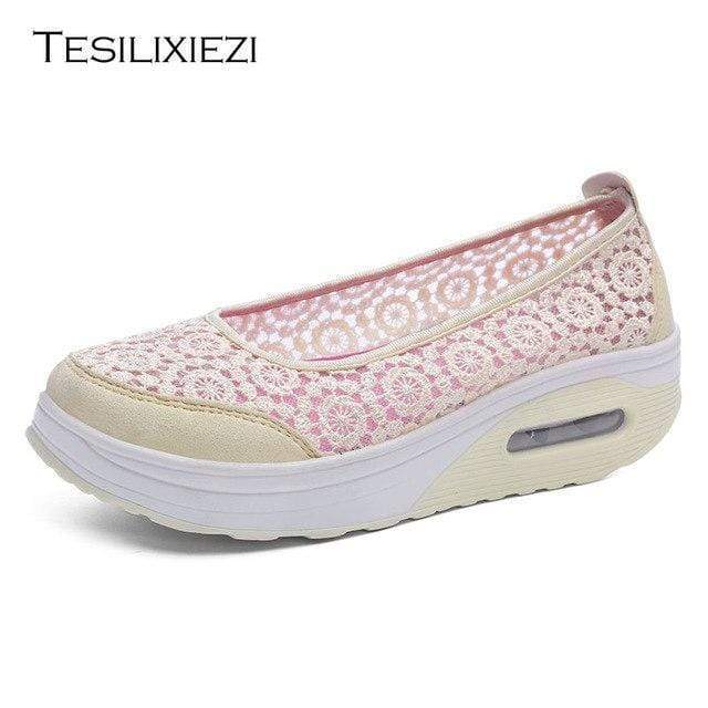 TESILIXIEZI  New Women's Vulcanize Shoes Lace Mesh Wedges Shoes For Women's Flats Shoes Casual Woman Height Increase Shoes