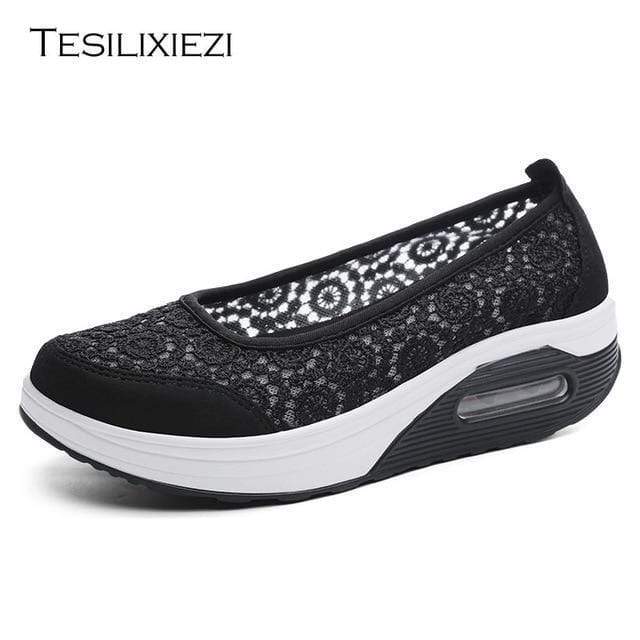 TESILIXIEZI  New Women's Vulcanize Shoes Lace Mesh Wedges Shoes For Women's Flats Shoes Casual Woman Height Increase Shoes