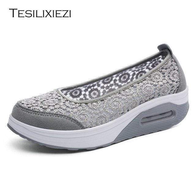 TESILIXIEZI  New Women's Vulcanize Shoes Lace Mesh Wedges Shoes For Women's Flats Shoes Casual Woman Height Increase Shoes