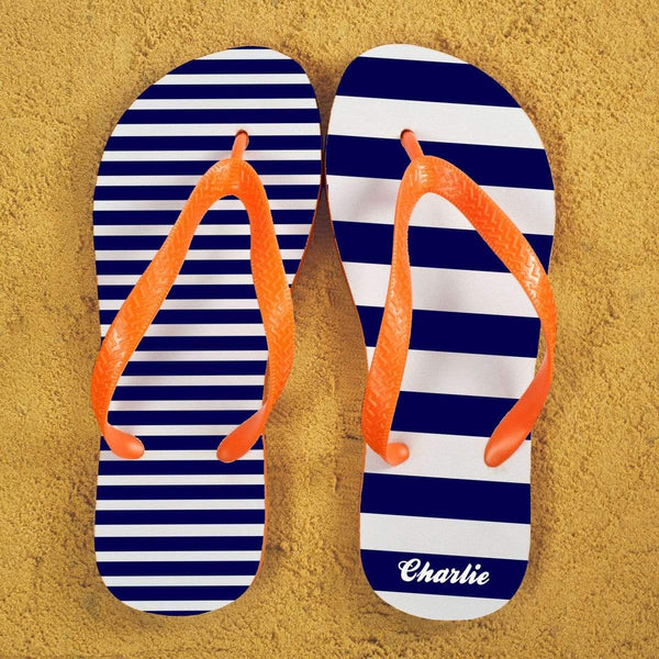 Textile Gifts & Accessories Striped Personalised Flip Flops in Blue and Orange Treat Gifts