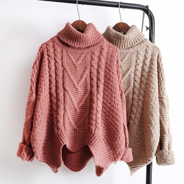 Thick cable Design Irregular Hemline Turtle Neck Pullover-brick red-One Size-JadeMoghul Inc.