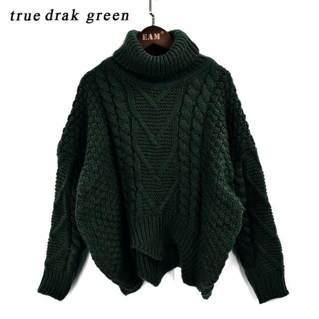 Thick cable Design Irregular Hemline Turtle Neck Pullover-Green ash-One Size-JadeMoghul Inc.