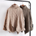Thick cable Design Irregular Hemline Turtle Neck Pullover-Light Khaki-One Size-JadeMoghul Inc.