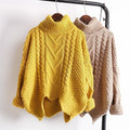 Thick cable Design Irregular Hemline Turtle Neck Pullover-yellow-One Size-JadeMoghul Inc.