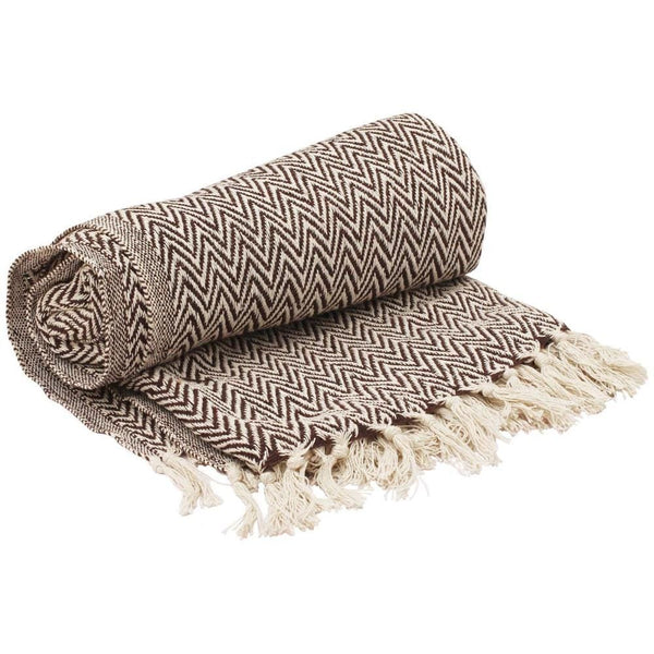 Throws Soft Knitted Cotton Throw Blanket With Tassels, Brown And White Benzara