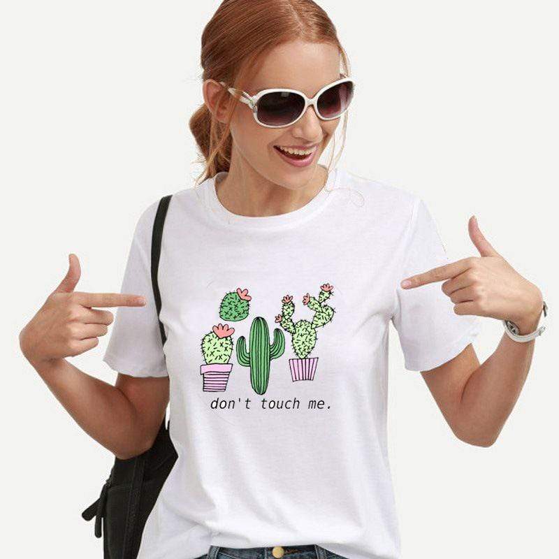 Cartoon Potted Cactus Printed Women Casual Short-sleeve T-shirt