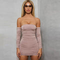 TIY Clothing Off-shoulder Long-sleeve Unique Neon Color Pleated Mini Bodycon Dress TIY