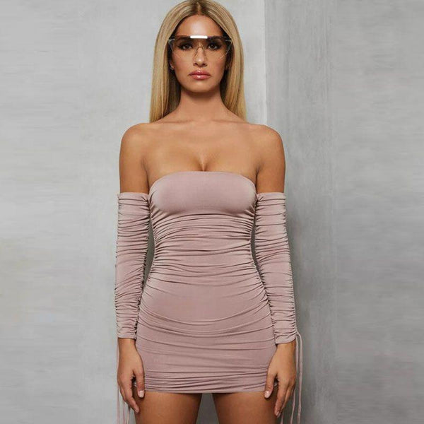 TIY Clothing Off-shoulder Long-sleeve Unique Neon Color Pleated Mini Bodycon Dress TIY