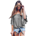 TIY Clothing Off-the-shoulder Three Quarter Sleeve Hemline Knotted Casual Tops TIY