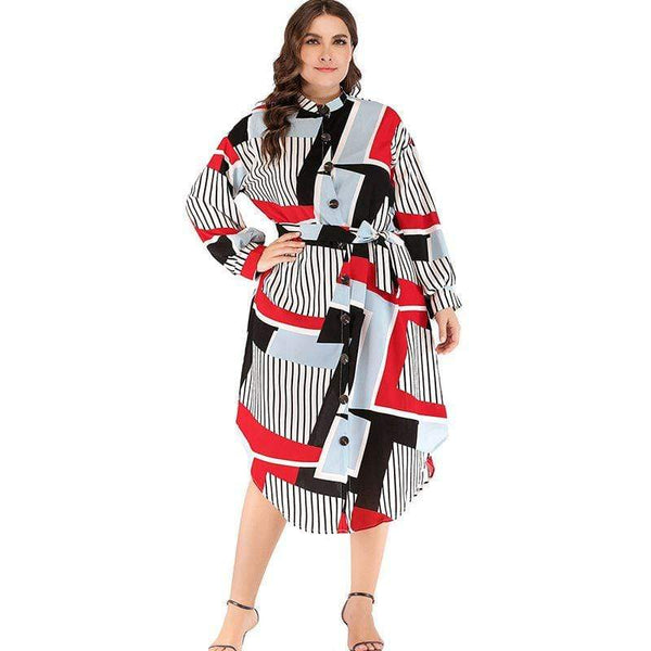 TIY Clothing Office Lady Fashion Color Blocking Geometric Pattern Long Sleeves Plus Size Dress TIY