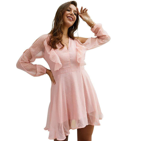TIY Clothing Pink Ruffle Design Solid Color Long-sleeve V Neck Dress TIY