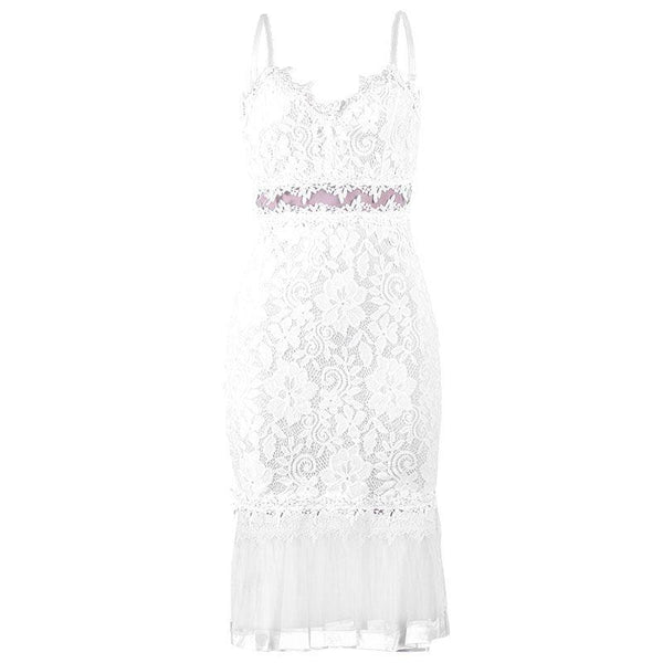 TIY Clothing Plain Color Lace Mesh Fabric Patchwork Women Fishtail Pattern Midi Dress TIY