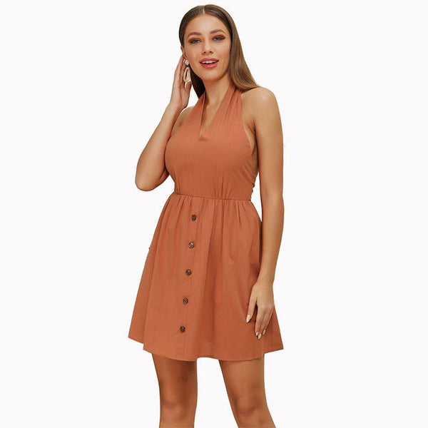TIY Clothing Plain Color Unique Halter Neck Buttoned Women Backless Dress TIY