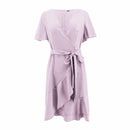 TIY Clothing Plain Satin Fabric Ruffled Short-sleeve Irregular Hemline Mini Wrap Dress TIY