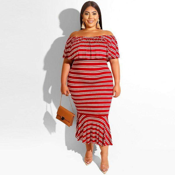 Plus Size Classic Pattern Ruffled Off-shoulder Design Fishtail Dress