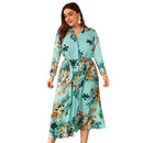 TIY Clothing Plus Size Long-sleeve Flower Print Buttoned Lapel Collar Midi Dress TIY