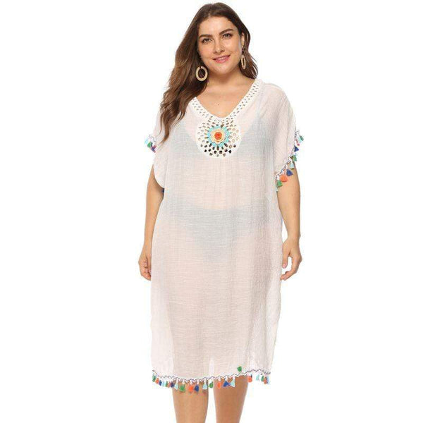 TIY Clothing Plus Size Loose Short-sleeve Crochet Patchwork Multicolor Tassels Dress TIY